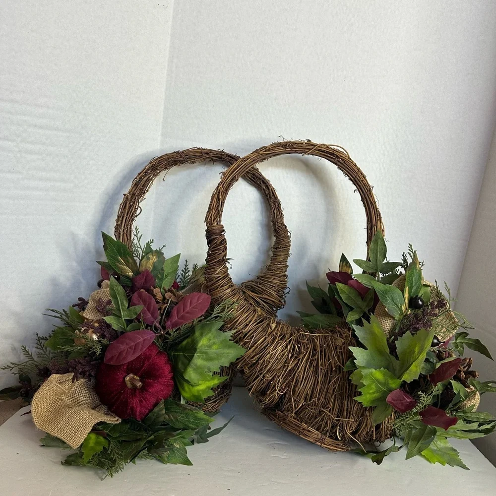 Set of 2 Cornucopia with Pumpkin and Berry Accents Festive Holiday w/ Red Wreath